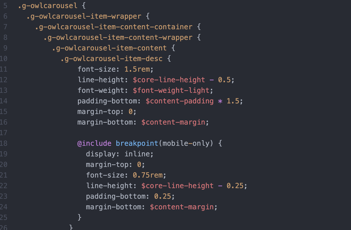 Screenshot of Custom SCSS code for Gantry 5 Carousel Item Description Display