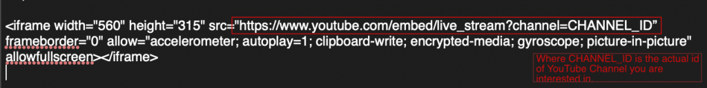 Final iFrame code needed to embed a live YouTube channel